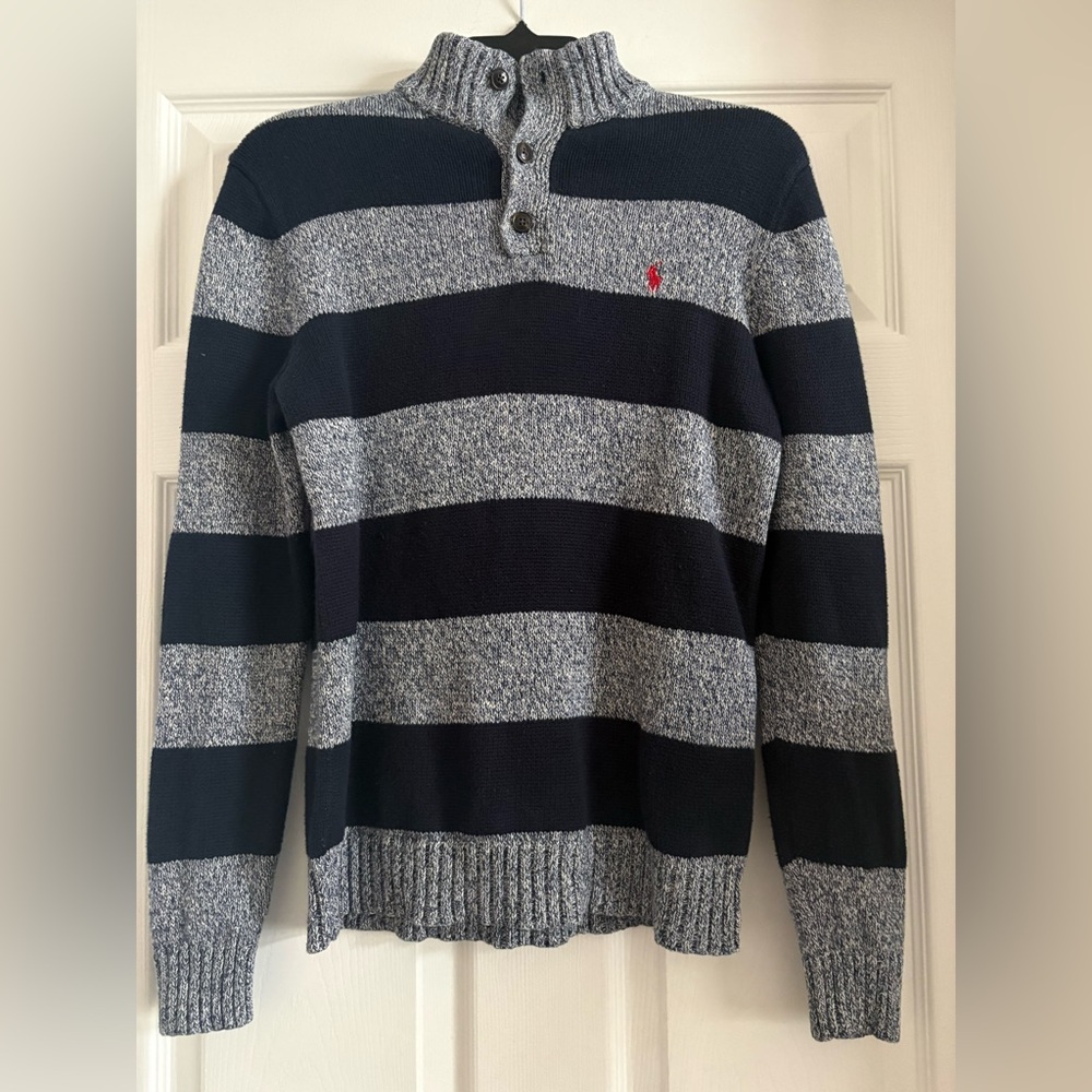 Big boy Polo by Ralph Lauren Navy & Heather Gray Striped Button Shawl Sweater